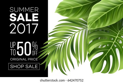 Sale Banner, Poster With Palm Leaves, Jungle Leaf And Handwriting Lettering. Floral Tropical Summer Background. Vector Illustration EPS10