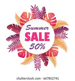 Sale banner or poster with palm leaves. Trendy Summer Tropical Leaves. Vector tropical background with exotic palm leaves and plants.