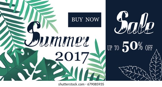 Sale banner, poster with palm leaves and handwriting lettering. Tropical summer background. 