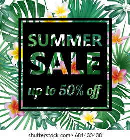 Sale banner, poster with palm leaves, jungle leaf and exotic flowers. Beautiful vector floral tropical summer background