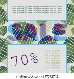 Sale banner, poster with palm leaves, jungle leaf. Floral tropical summer background. Vector illustration 