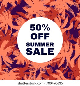 Sale banner, poster with palm leaves. Beautiful vector floral tropical summer background. Vector illustration