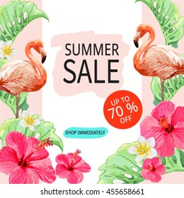 Sale Banner, Poster With Pink Flamingo, Tropical Flowers, Palm Leaves, Hibiscus. Beautiful Vector Floral Jungle Summer Background