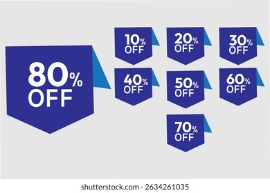 Pôster de banner de venda. O conjunto de promoções de desconto de venda é feito de números. Ilustração de vetor eps de 10%, 20%, 30% 40% 50% 60% 70% 80%. " Desconto até " iniciar seu marketing comercial. 