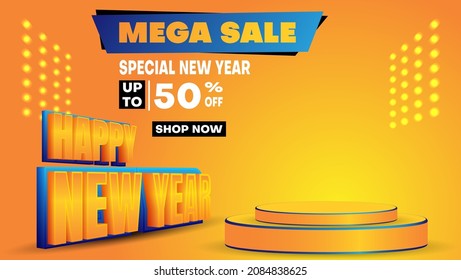 sale banner or poster special new year with realistic style in orange and blue color
