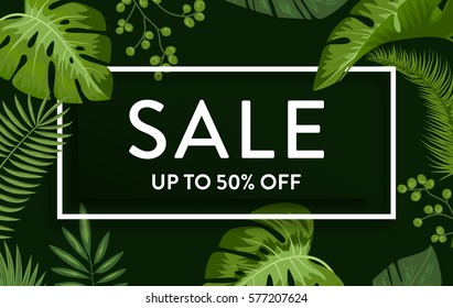 Sale banner, poster with Tropical Exotic Leaves. Discount Design Background with Jungle Palm Leaves