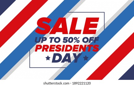 Sale banner for Presidents Day. Special offer template. Holiday shopping in United States. Super season deal. 50% off. Discount badge. Creative advertisement patriotic american poster