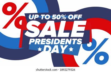 Sale banner for Presidents Day. Special offer template. Holiday shopping in United States. Super season deal. 50% off. Discount badge. Creative advertisement patriotic american poster