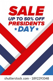 Sale banner for Presidents Day. Special offer template. Holiday shopping in United States. Super season deal. 50% off. Discount badge. Creative advertisement patriotic american poster