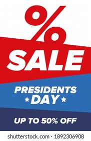 Sale banner for Presidents Day. Special offer template. Holiday shopping in United States. Super season deal. 50% off. Discount badge. Creative advertisement patriotic american poster