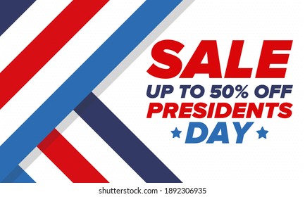 Sale banner for Presidents Day. Special offer template. Holiday shopping in United States. Super season deal. 50% off. Discount badge. Creative advertisement patriotic american poster