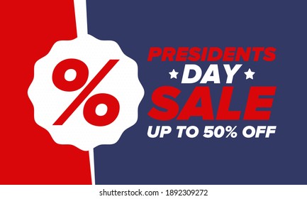 Sale banner for Presidents Day. Special offer template. Holiday shopping in United States. Super season deal. 50% off. Discount badge. Creative advertisement patriotic american poster