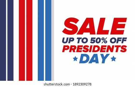 Sale banner for Presidents Day. Special offer template. Holiday shopping in United States. Super season deal. 50% off. Discount badge. Creative advertisement patriotic american poster