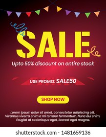 Sale banner with promo code with 50 percent discount in red colour. Discount in Sale. sale discount voucher with promo code.sale post.