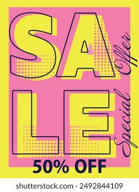 Sale Banner, Promotion Flyer, Shopping, Business, Advertising Background, Market, Yellow, Pink, Blue, Vector Illustration