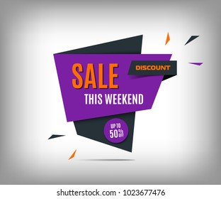 Sale banner, purple discount tag on a abstract gray background, this weekend offer poster, eps10