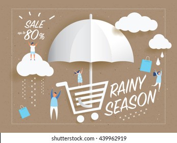 Sale banner rainy season on paper texture background,clouds,umbrella,shopping bag and young business people.Design for promotion poster.paper cut origami style.
