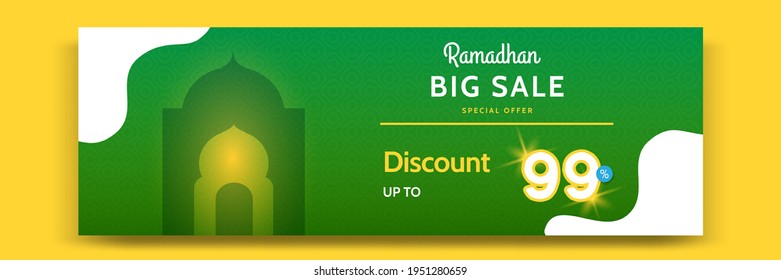 Sale banner Ramadhan or ramadan template in green yellow white color. Modern minimal gradient layout with mosque design element.