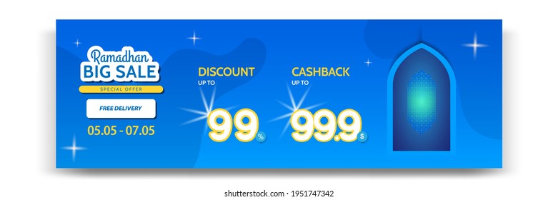 Sale banner Ramadhan or ramadan template in blue yellow white color. Modern minimal gradient layout with mosque design element.