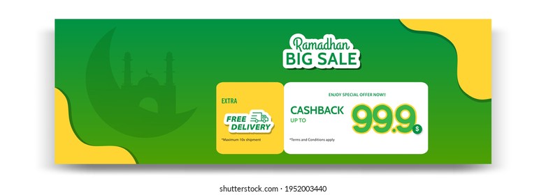 Sale banner Ramadhan or ramadan template in green yellow white color. Modern minimal gradient layout with mosque design element.