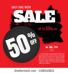 Sale banner. Ready to print and use in advertising of products and the best deals composition. Selling background with fifty percent discount. Pennant, flag on black and red backgdrop