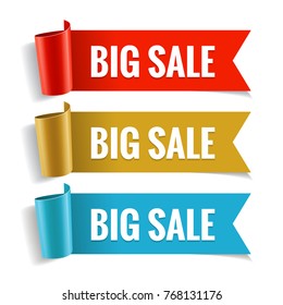 Sale Banner. Realistic Red, Gold And Blue Glossy Paper Ribbon. Vector Illustration