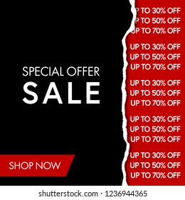 Sale banner with realistic ripped paper background. Vector illustration, template design for special offer posters, banners, flyer, invitation or web 