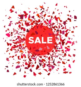 Sale banner. Red ball with the inscription sale and scattering fragments around. Vector illustration

