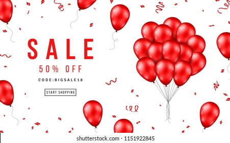 Sale Banner with Red Balloons Bunch on White Background. Vector illustration.