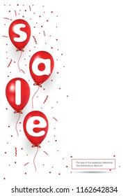 Sale, banner, red balloons, confetti , serpentine, vector, vertical, 3D