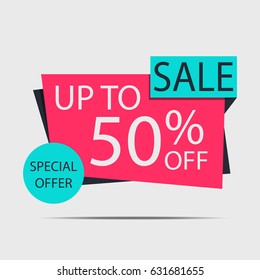 Sale banner. Red and black discount poster, Sale tag, label, badge, sticker, flat style. Special offer, Up to 50% off.  Vector illustration, eps10.