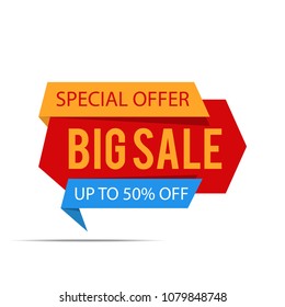 Sale banner. Red discount poster on a light background, Sale tag, label, badge. Special offer, Up to 50% off. Vector illustration, eps10