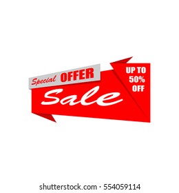 Sale banner. Red discount poster, Sale tag, label, badge, sticker, flat style. Red ribbon. Special offer. Up to 50% off. Vector, eps10.