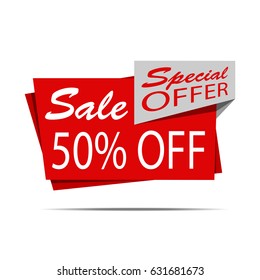 Sale banner. Red discount poster, Sale tag, label, badge, sticker, flat style. Special offer, 50% off. Vector illustration, eps10