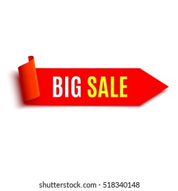 Sale banner. Red realistic ribbon. Paper scroll. Vector illustration.