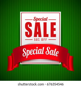 Sale banner in red ribbon concept design on green stripe background,vector illustration.