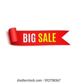 Sale banner. Red ribbon. Paper scroll. Vector illustration.