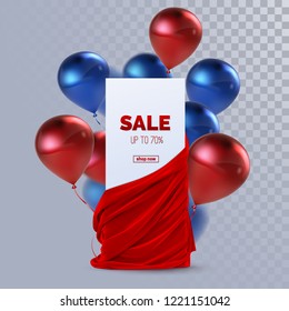 Banner de venta con tela seda roja y globos. Decoración de diseño. Ilustración vectorial realista. Signo de papel y textiles realistas con pliegues y cortinas aislados sobre fondo transparente