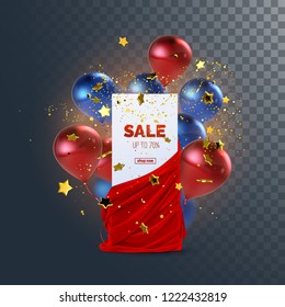 Sale banner with red velvet fabric, balloons and confetti. Decoration element for design. Vector illustration. Paper sign and realistic textile with folds and drapes isolated on transparent background