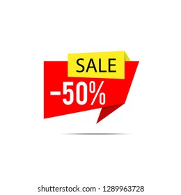 Sale banner. Red and yellow discount poster with shadow on a light background, Sale tag, label, badge, sticker. Offer, 50% off. Vector illustration, eps10