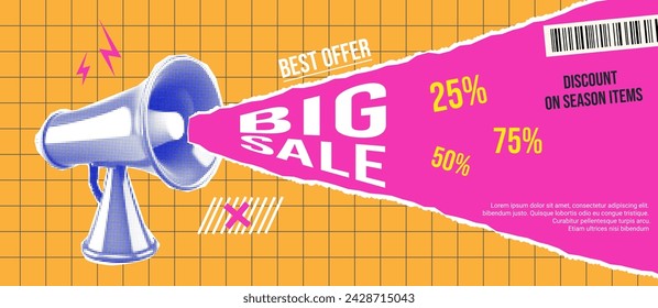 Sale banner Retro collage loudspeaker. Halftone effect megafone advertisement poster. Paper cutout style template. Trendy vector illustration