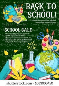 Sale banner with school supplies on chalkboard. Book, paint palette and scissors, globe and calculator sketch poster, decorated with autumn leaves for student items discount offer flyer design