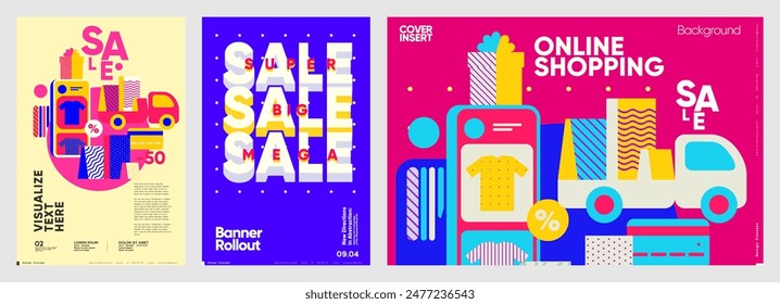 Sale banner. A series of bold, colorful sales banners for online shopping, highlighting vibrant designs, large typography, and playful graphics, perfect for promotional use.