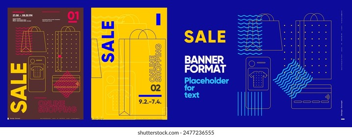 Sale banner. A series of vibrant promotional graphics for online shopping, including banners and posters with bold text and modern design elements.