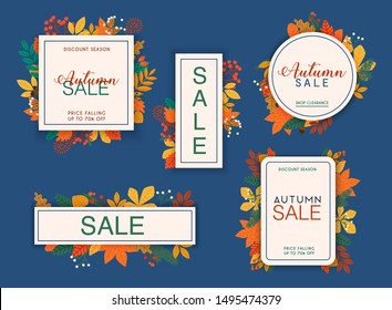 Sale banner set. Discount season. Autumn leafs on the background. Flat design modern vector illustration concept.