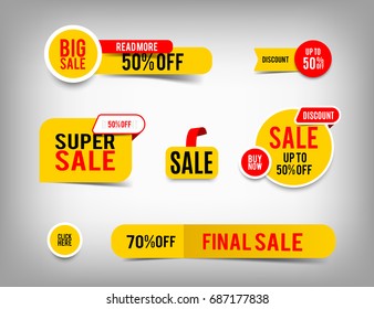 Sale banner set, discount tag collection, special offer. Modern yellow and red website stickers on a gray abstract background, color web page design