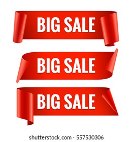 Sale banner set. Realistic Red Glossy paper ribbon. Vector illustration