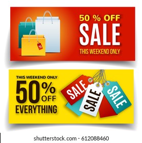 Sale banner set with shopping bag, up to 50% off, this weekend. Vector illustration