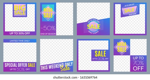 Sale banner set. Social media post or web ads design template. Price off discount background. Vector illustration.