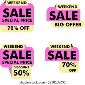 Sale banner set, special offer tag collection. Weekend hot deal 50% off badge template, this weekend only sale icon.